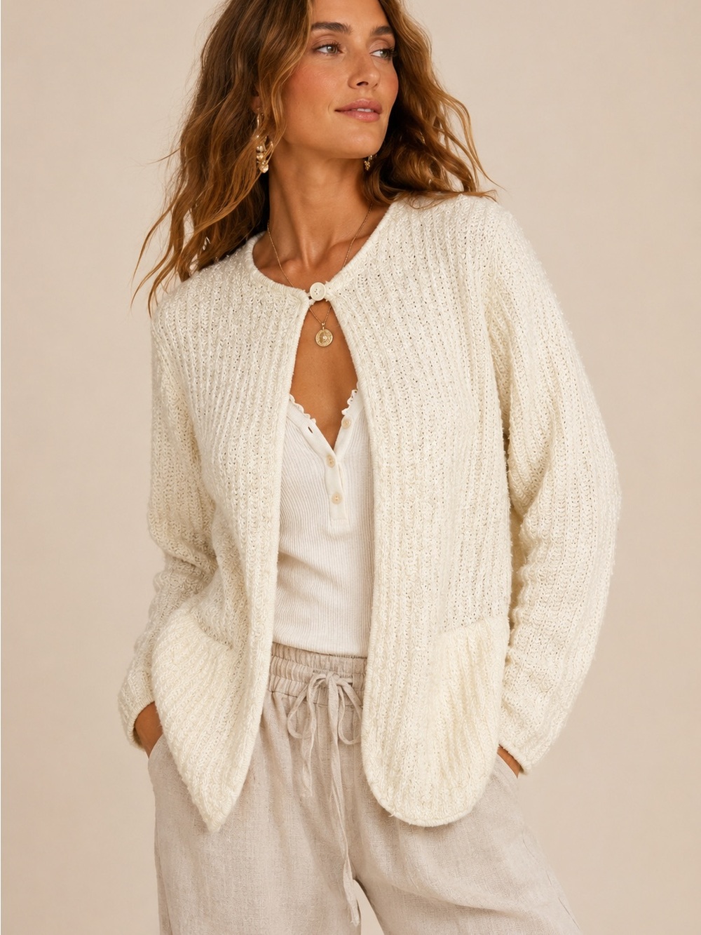 Vintage Pacific Sweater Exchange Ivory Boucle Cardigan Sweater- Cozy Cottagecore